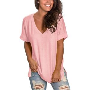 imageSAMPEEL Womens V Neck T Shirts Casual Rolled Short Sleeve Side Split Summer Tops Loose FitPink