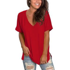 imageSAMPEEL Womens V Neck T Shirts Casual Rolled Short Sleeve Side Split Summer Tops Loose FitRed