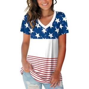 imageSAMPEEL Womens V Neck TShirts Casual Summer Loose Fit Short Sleeve Tops Basic TeesFlag