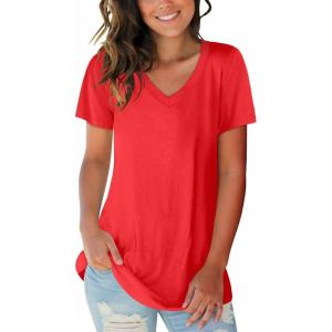 imageSAMPEEL Womens V Neck TShirts Casual Summer Loose Fit Short Sleeve Tops Basic TeesRed