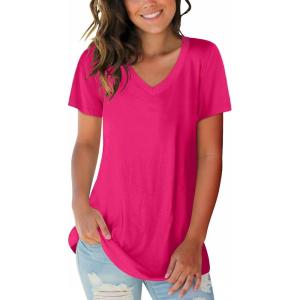 imageSAMPEEL Womens V Neck TShirts Casual Summer Loose Fit Short Sleeve Tops Basic TeesRose Red