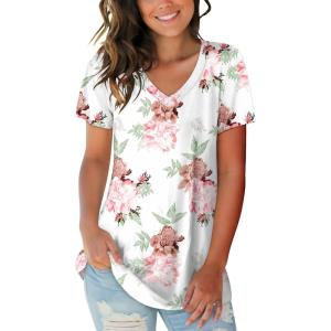 imageSAMPEEL Womens V Neck TShirts Casual Summer Loose Fit Short Sleeve Tops Basic TeesWhite Floral