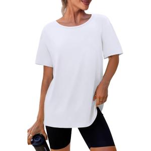 imageSAMPEEL Womens Workout Tops Oversized T Shirts Loose Fit Crewneck Short Sleeve Summer Sun Protection UPF 50All White