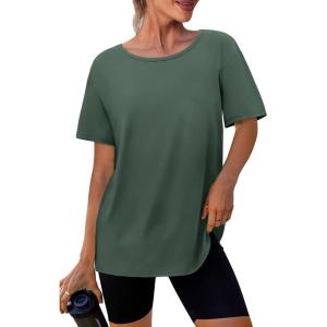 imageSAMPEEL Womens Workout Tops Oversized T Shirts Loose Fit Crewneck Short Sleeve Summer Sun Protection UPF 50Green