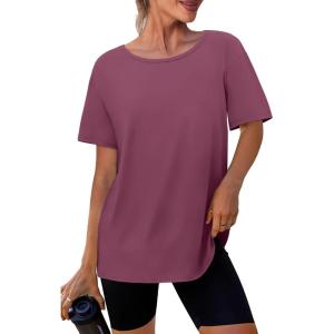 imageSAMPEEL Womens Workout Tops Oversized T Shirts Loose Fit Crewneck Short Sleeve Summer Sun Protection UPF 50Purple Pink