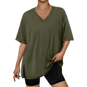 imageTrendy Queen Oversized Tshirts for Women Workout Plus Size Tops V Neck Short Sleeve Gym Shirts Casual Loose Fit Basic TeesArmy Green