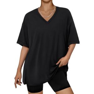 imageTrendy Queen Oversized Tshirts for Women Workout Plus Size Tops V Neck Short Sleeve Gym Shirts Casual Loose Fit Basic TeesBlack