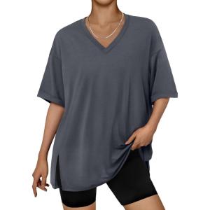 imageTrendy Queen Oversized Tshirts for Women Workout Plus Size Tops V Neck Short Sleeve Gym Shirts Casual Loose Fit Basic TeesBlack Grey