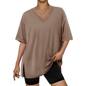 imageTrendy Queen Oversized Tshirts for Women Workout Plus Size Tops V Neck Short Sleeve Gym Shirts Casual Loose Fit Basic TeesBrown