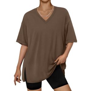imageTrendy Queen Oversized Tshirts for Women Workout Plus Size Tops V Neck Short Sleeve Gym Shirts Casual Loose Fit Basic TeesCoffee Brown