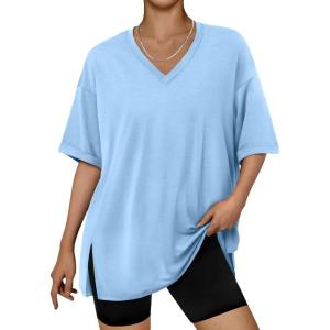 imageTrendy Queen Oversized Tshirts for Women Workout Plus Size Tops V Neck Short Sleeve Gym Shirts Casual Loose Fit Basic TeesSky Blue