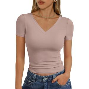 imageTrendy Queen Womens Basic V Neck Short Sleeve T Shirts Slim Fit Crop Y2k Tee 2025 Summer Cute Gym Fashion ClothesNutmeg