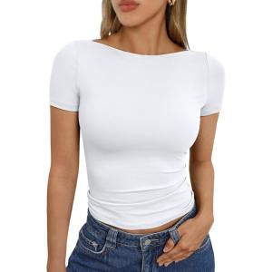 imageTrendy Queen Womens Boat Neck Tops Short Sleeve TShirts Slim Fitted Compression Summer Y2k Basic Clothes 2025White
