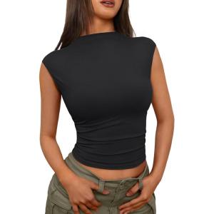 imageTrendy Queen Womens Going Out Basic Tank Tops Mock Neck Spring Clothes Sleeveless Cute Shirts Summer Y2K Sexy Outfits 2025Black