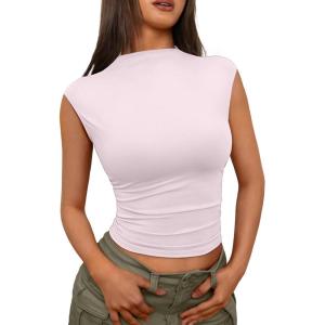 imageTrendy Queen Womens Going Out Basic Tank Tops Mock Neck Spring Clothes Sleeveless Cute Shirts Summer Y2K Sexy Outfits 2025Pink