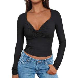 imageTrendy Queen Womens Long Sleeve Y2k Tops Fall Tee Shirts Slim Fitted Tight Cute Casual Fashion Clothes Trendy Going Out Outfits Black Small