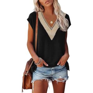imageWomens Cap Sleeve Summer Tops 2025 Trendy Tank Tops Lace V Neck Loose Fit ShirtsA01black