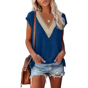 imageWomens Cap Sleeve Summer Tops 2025 Trendy Tank Tops Lace V Neck Loose Fit ShirtsA05navy
