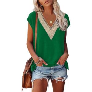 imageWomens Cap Sleeve Summer Tops 2025 Trendy Tank Tops Lace V Neck Loose Fit ShirtsA06green