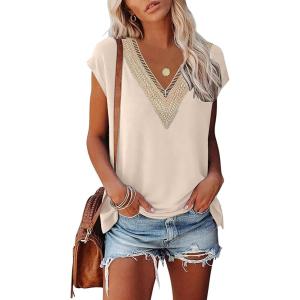 imageWomens Cap Sleeve Summer Tops 2025 Trendy Tank Tops Lace V Neck Loose Fit ShirtsA07apricot