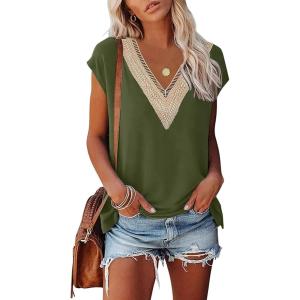 imageWomens Cap Sleeve Summer Tops 2025 Trendy Tank Tops Lace V Neck Loose Fit ShirtsA10army Green
