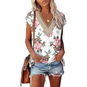 imageWomens Cap Sleeve Summer Tops 2025 Trendy Tank Tops Lace V Neck Loose Fit ShirtsBpattern 03
