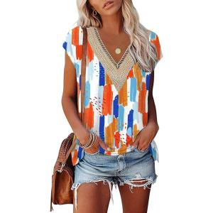 imageWomens Cap Sleeve Summer Tops 2025 Trendy Tank Tops Lace V Neck Loose Fit ShirtsBpattern 04