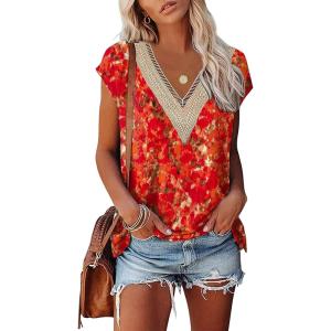 imageWomens Cap Sleeve Summer Tops 2025 Trendy Tank Tops Lace V Neck Loose Fit ShirtsBpattern 05