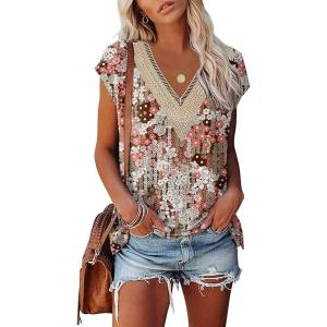 imageWomens Cap Sleeve Summer Tops 2025 Trendy Tank Tops Lace V Neck Loose Fit ShirtsBpattern 06