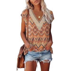 imageWomens Cap Sleeve Summer Tops 2025 Trendy Tank Tops Lace V Neck Loose Fit ShirtsBpattern 07