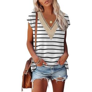 imageWomens Cap Sleeve Summer Tops 2025 Trendy Tank Tops Lace V Neck Loose Fit ShirtsBpattern 10