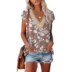 imageWomens Cap Sleeve Summer Tops 2025 Trendy Tank Tops Lace V Neck Loose Fit ShirtsBpattern 11