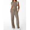 imageTrendy Queen 2 Piece Matching Summer Sweatsuit Lounge Set Womens Wide Leg Pants Side Ruching Crop Top SetsMocha