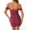imageTrendy Queen Womens Mesh Off The Shoulder Ruched Mini Dresses Summer Party Bodycon Short DressWine Red
