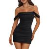 imageTrendy Queen Womens Mesh Off The Shoulder Ruched Mini Dresses Summer Party Bodycon Short DressBlack