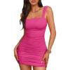 imageTrendy Queen Womens Mini Mesh Square Neck Fitted Going Out Ruched Dresses Summer Party Club Bodycon Short DressHot Pink