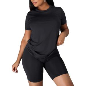 imageKaximil Womens 2 Piece Club Outfits Casual Top T Shirt Biker Legging Shorts Set1 Black