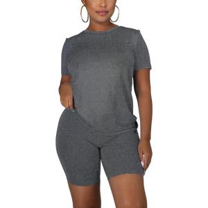 imageKaximil Womens 2 Piece Club Outfits Casual Top T Shirt Biker Legging Shorts Set1 Grey