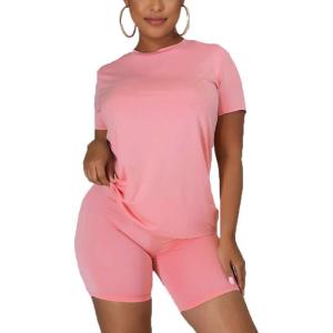 imageKaximil Womens 2 Piece Club Outfits Casual Top T Shirt Biker Legging Shorts Set1 Pink