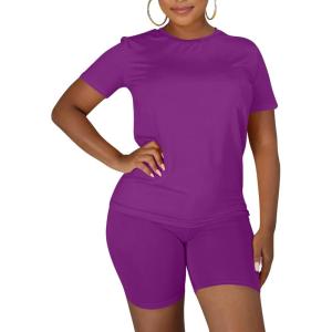 imageKaximil Womens 2 Piece Club Outfits Casual Top T Shirt Biker Legging Shorts Set1 Purple