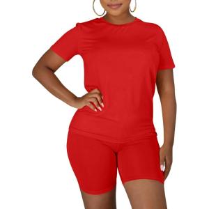 imageKaximil Womens 2 Piece Club Outfits Casual Top T Shirt Biker Legging Shorts Set1 Red