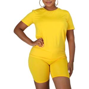 imageKaximil Womens 2 Piece Club Outfits Casual Top T Shirt Biker Legging Shorts Set1 Yellow