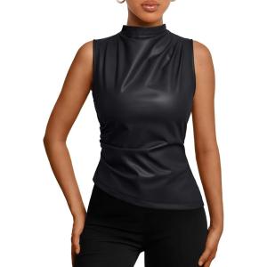 imageTrendy Queen Going Out Tops Summer Top 2025 Date Outfits Asymmetrical Mock Neck Leather Top Sexy Corset Club OutfitBlack