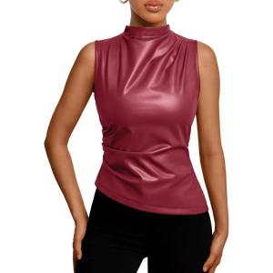 imageTrendy Queen Going Out Tops Summer Top 2025 Date Outfits Asymmetrical Mock Neck Leather Top Sexy Corset Club OutfitRed