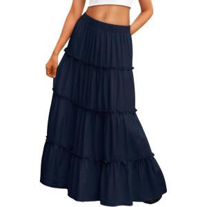 imageTrendy Queen Long Skirts for Women Boho Maxi Skirt Summer Swing Tiered ALine Elastic High Waist Dress with Pockets FashionNavy
