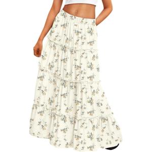 imageTrendy Queen Long Skirts for Women Boho Maxi Skirt Summer Swing Tiered ALine Elastic High Waist Dress with Pockets FashionWhite Flower
