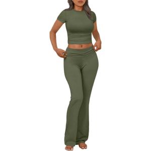 imageTrendy Queen Lounge Sets For Women 2 Piece Casual Y2K Outfits Short Sleeve Cropped Tops Fold Over Flare Pants TracksuitsArmygreen