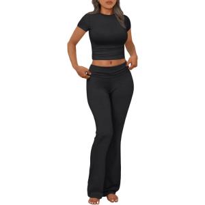 imageTrendy Queen Lounge Sets For Women 2 Piece Casual Y2K Outfits Short Sleeve Cropped Tops Fold Over Flare Pants TracksuitsBlack