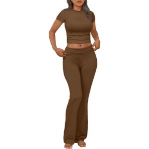 imageTrendy Queen Lounge Sets For Women 2 Piece Casual Y2K Outfits Short Sleeve Cropped Tops Fold Over Flare Pants TracksuitsBrown