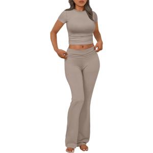 imageTrendy Queen Lounge Sets For Women 2 Piece Casual Y2K Outfits Short Sleeve Cropped Tops Fold Over Flare Pants TracksuitsCoffeegrey